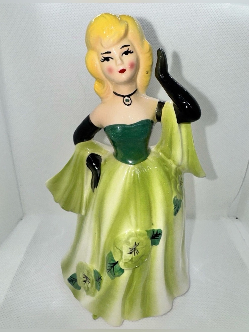 Planter Vintage Lady W/Blonde Hair With Green Gown/Black Long Gloves Fair Cond.